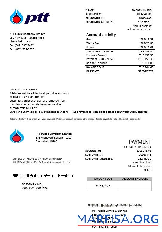 Printable Thailand PTT gas business utility bill template in Word and PDF formats